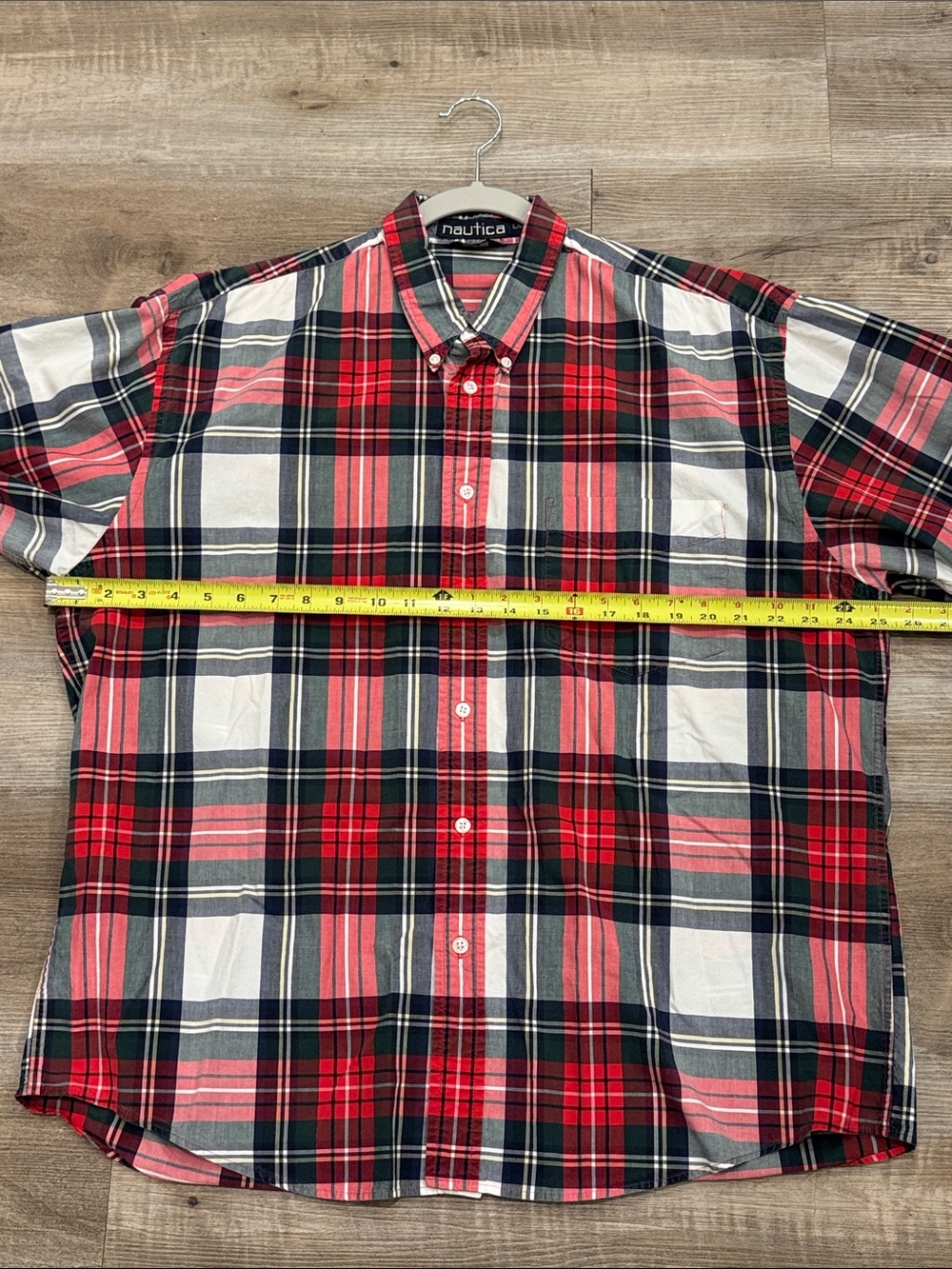 Vintage Nautica Red Navy White Tartan Plaid Button-Down Shirt Size Large - Picture 10 of 11